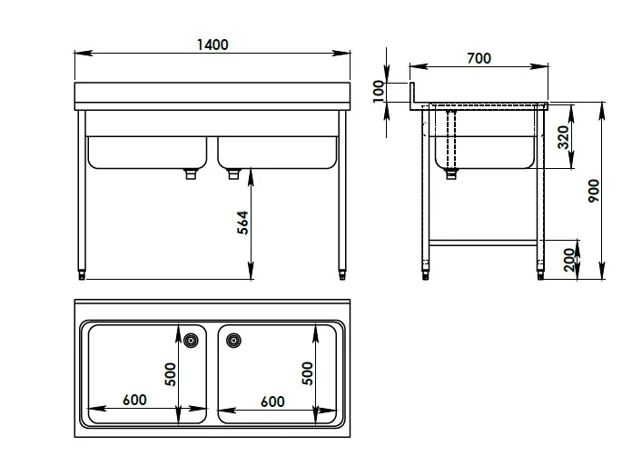 Oppvaskbenk med dobbel kum, 1400x700mm